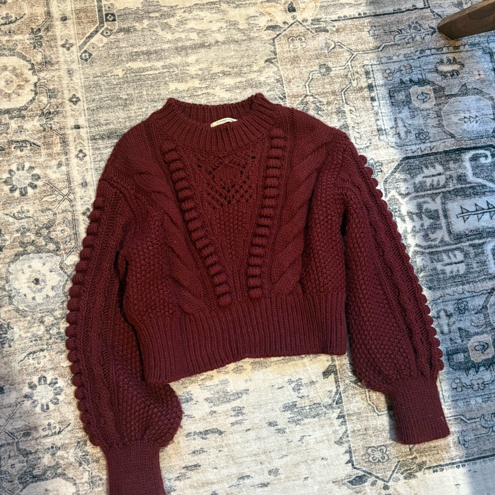 Anthropologie maroon chunky cable knit puff sleeve sweater XS